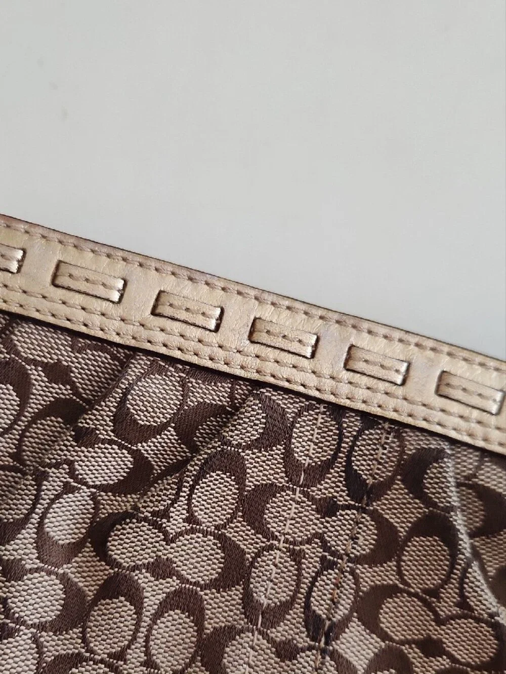Coach Brown Signature Logo Wristlet with Metallic Trim